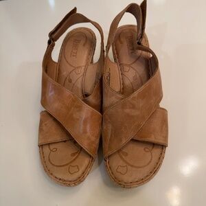 Born Nora leather tan cross strap cork wedge sandal, women's size 9